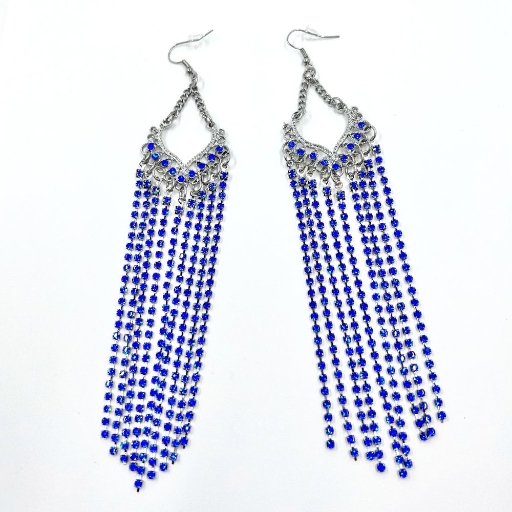 NWT - Charming Charlie - Blue Rhinestone Silver Tone Long Chandelier Earrings